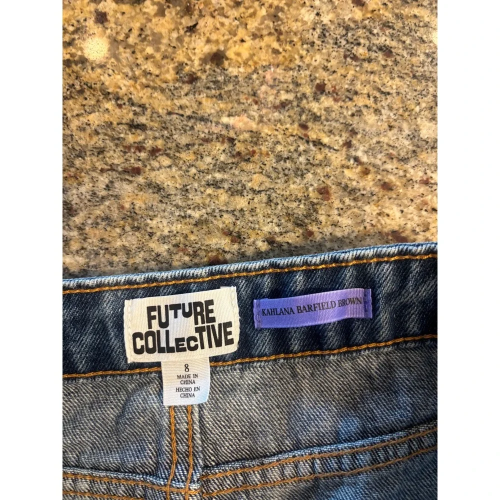 NWT Future Collective Kahlana Barfield Brown‎ Blue Denim Asymmetrical Skirt 8